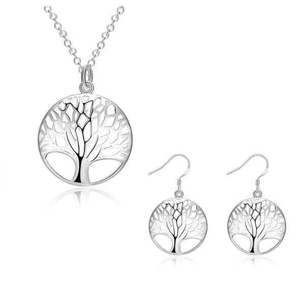 Set Pendentif et Boucles d’Oreilles Arbre de Vie en Alliage de Cuivre Plaqué Argent fond blanc kaosix