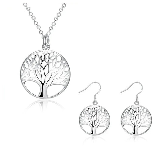 Set Pendentif et Boucles d’Oreilles Arbre de Vie en Alliage de Cuivre Plaqué Argent fond blanc kaosix