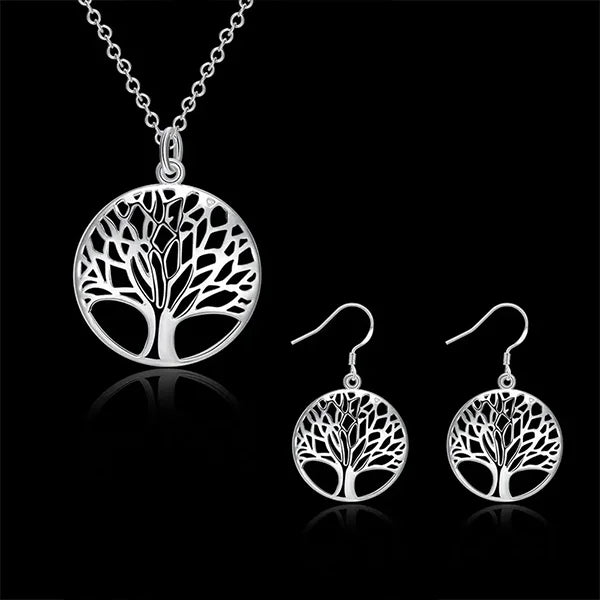 Set Pendentif et Boucles d’Oreilles Arbre de Vie en Alliage de Cuivre Plaqué Argent fond noir kaosix