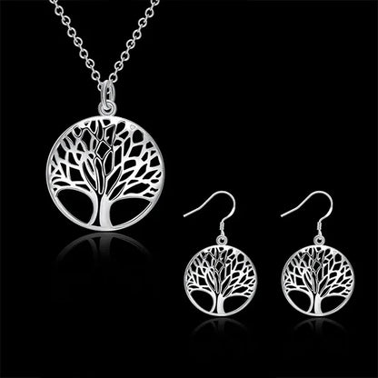 Set Pendentif et Boucles d’Oreilles Arbre de Vie en Alliage de Cuivre Plaqué Argent fond noir kaosix