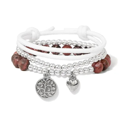 Set de 3 bracelets en pierre - Arbre de vie et cœur Rhodonite fond blanc kaosix