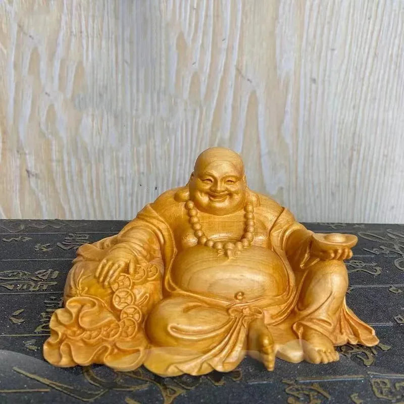 Statuette Bouddha Rieur Maitreya en Bois de Cyprès