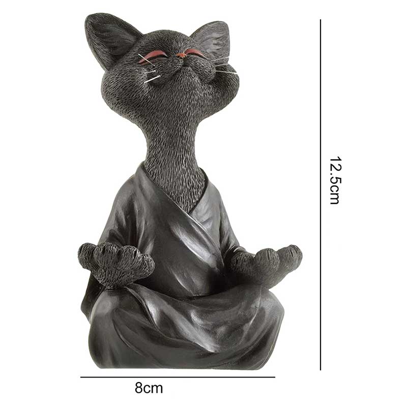 Statue Chat Bouddha Zen noire  avec dimensions et sur fond blanc Kaosix