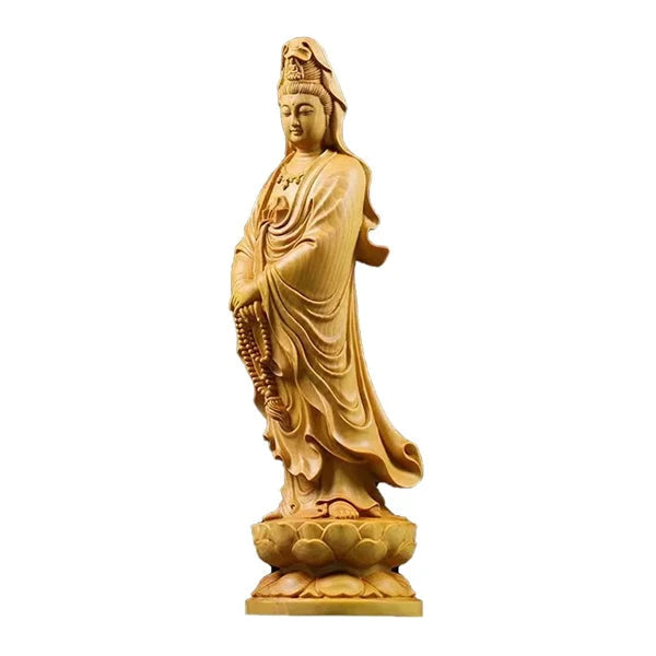 Statue Guanyin en bois de Cyprès Déesse de la Miséricorde sur fond blanc Kaosix