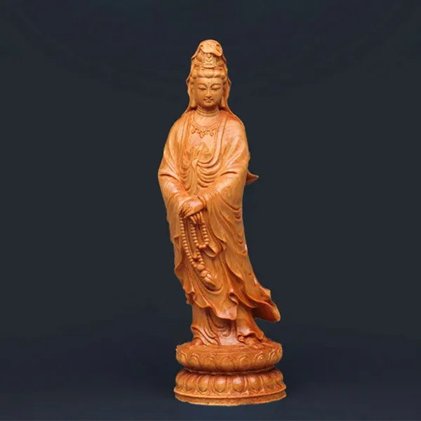 Statue Guanyin en bois de Cyprès Déesse de la Miséricorde sur fond bleu Kaosix