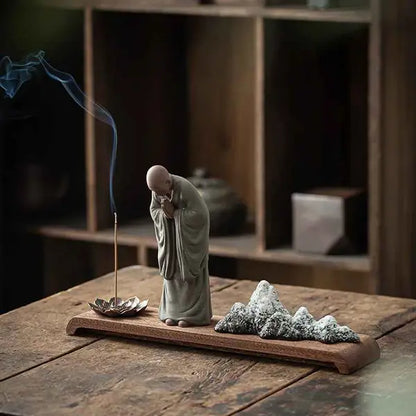 Statue Moine Bouddhiste Zen en Argile & Porte Encens Paysage Karesansui kaosix