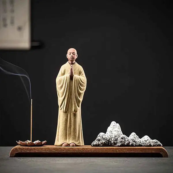 Statue Moine Bouddhiste Zen en Argile & Porte Encens Paysage Karesansui kaosix