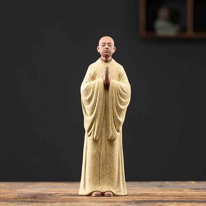 Statue Moine Bouddhiste Zen en Argile & Porte Encens Paysage Karesansui kaosix