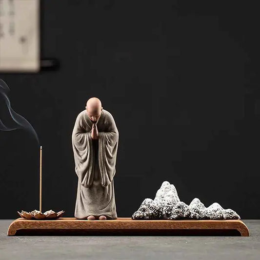 Statue Moine Bouddhiste Zen en Argile & Porte Encens Paysage Karesansui kaosix