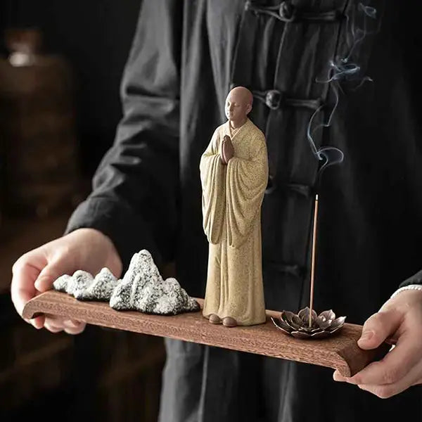 Statue Moine Bouddhiste Zen en Argile & Porte Encens Paysage Karesansui kaosix