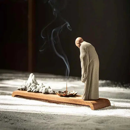 Statue Moine Bouddhiste Zen en Argile & Porte Encens Paysage Karesansui kaosix