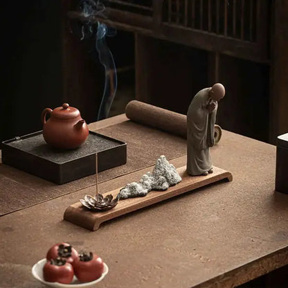 Statue Moine Bouddhiste Zen en Argile & Porte Encens Paysage Karesansui kaosix