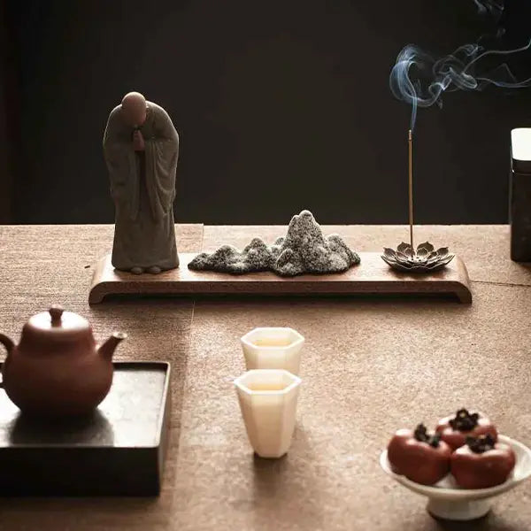 Statue Moine Bouddhiste Zen en Argile & Porte Encens Paysage Karesansui kaosix