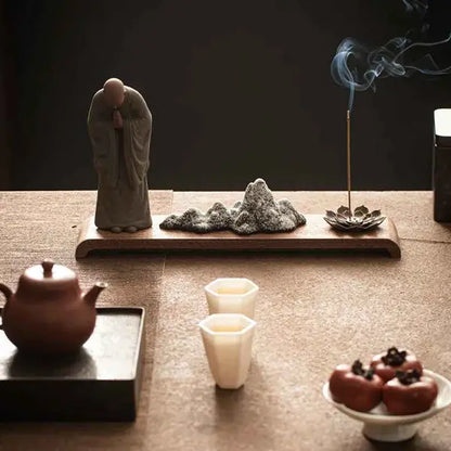 Statue Moine Bouddhiste Zen en Argile & Porte Encens Paysage Karesansui kaosix