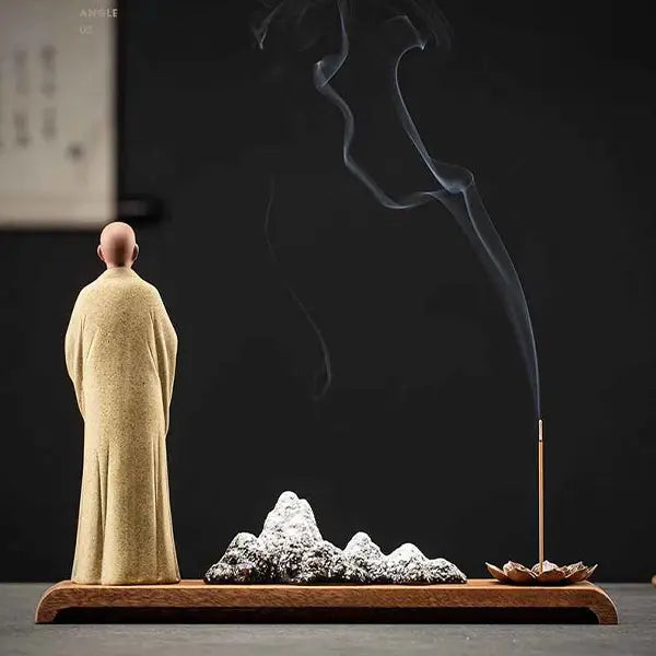 Statue Moine Bouddhiste Zen en Argile & Porte Encens Paysage Karesansui kaosix