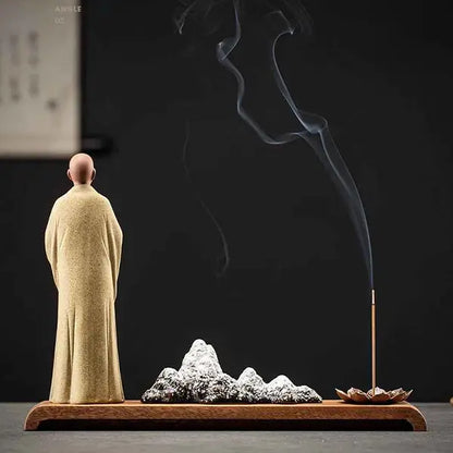 Statue Moine Bouddhiste Zen en Argile & Porte Encens Paysage Karesansui kaosix