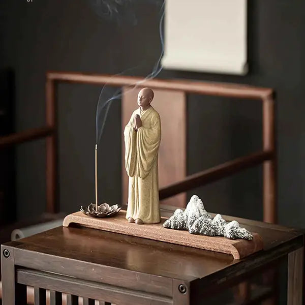Statue Moine Bouddhiste Zen en Argile & Porte Encens Paysage Karesansui kaosix