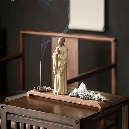 Statue Moine Bouddhiste Zen en Argile & Porte Encens Paysage Karesansui kaosix