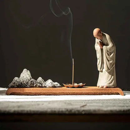 Statue Moine Bouddhiste Zen en Argile & Porte Encens Paysage Karesansui kaosix