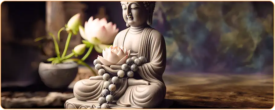 Statue de Bouddha assis avec un collier de perles en pierres et tenant une fleur de lotus dans ses deux mains kaosix