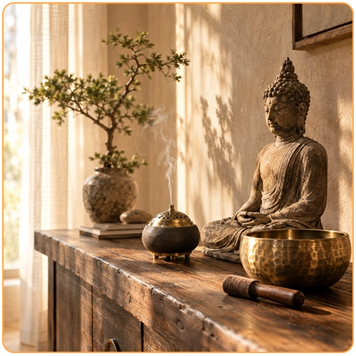 Statue de Bouddha, brûleur d'encens et bol chantant tibétain sur meuble en bois dans un intérieur zen Japandi kaosix