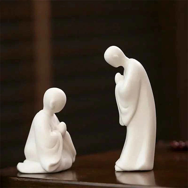 Statue moine bouddhiste zen céramique blanche kaosix 21