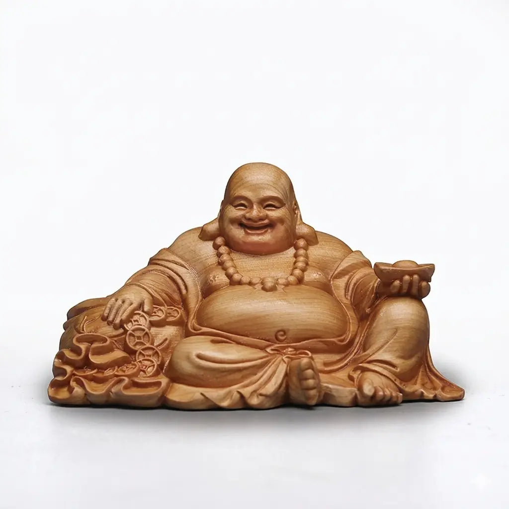 Laughing Buddha Figurine in Natural Cypress Wood