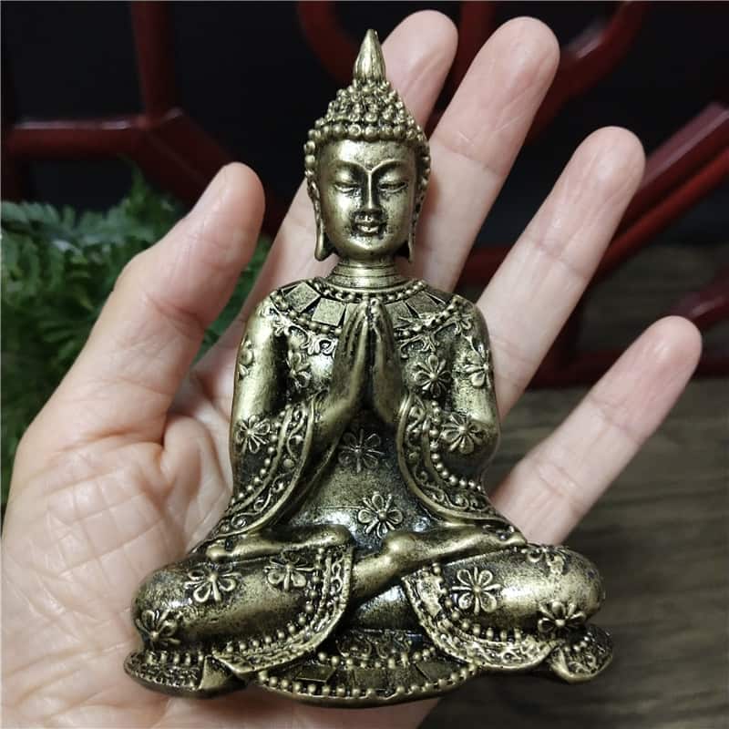 Statuette Bouddha Thaïlande Bronze Anjali Mudra posée sur une main d'homme Kaosix