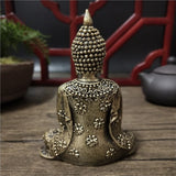 Statuette Bouddha Thaïlande Bronze Anjali Mudra vue de dos et posé sur une table en bois Kaosix