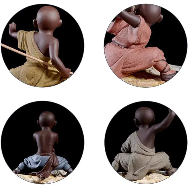 Statuettes bouddhiste moine Shaolin bâton vue de derrière Kaosix