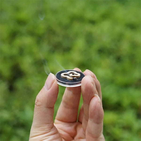 Tablettes d’encens bois de santal brûlant dans un porte encens sur une main d'homme kaosix