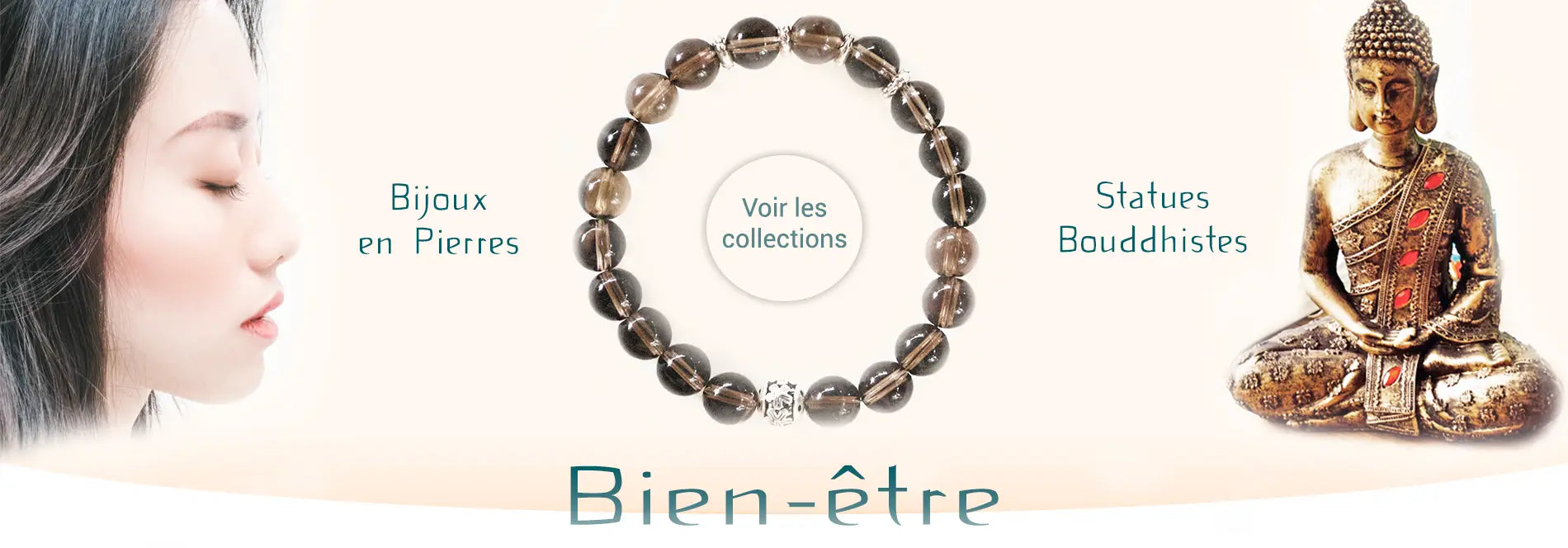visage de femme oriental avec un bracelet de perles de labradorite et une petite statue de Boudhha assis en position du lotus avec les mots Bijoux en Pierres Statues Bouddhistes et Bien-Être écrit en gros caractères Kaosix