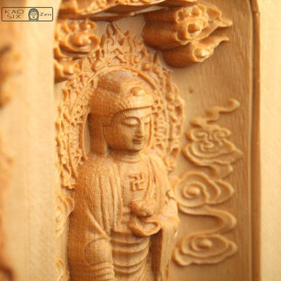 Statue Bouddha coffret cylindrique en bois gros plan