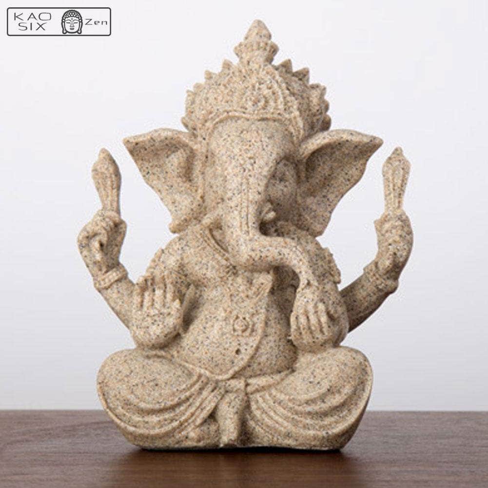 Statue de Ganesh grès posé sur une table en bois kaosix