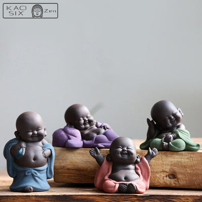 4 statuettes Bouddha rieur fortune sur banc en bois kaosix
