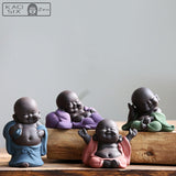 4 statuettes Bouddha rieur fortune sur banc en bois kaosix