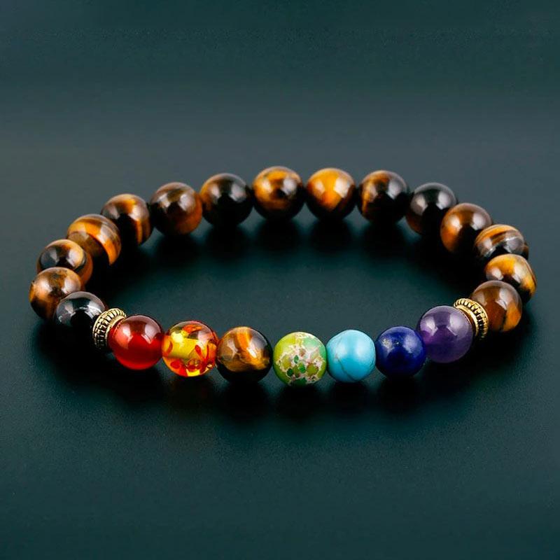 Bracelet 7 chakras 7 couleurs pouvoir œil de tigre sur fond vert Kaosix