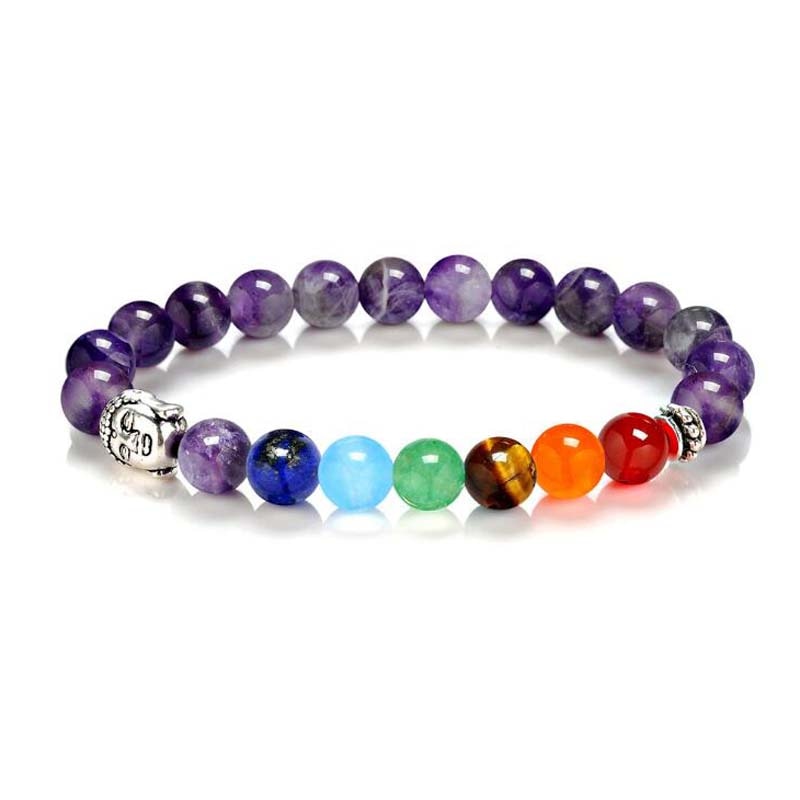 Bracelet 7 chakras améthyste et Bouddha sur fond blanc Kaosix