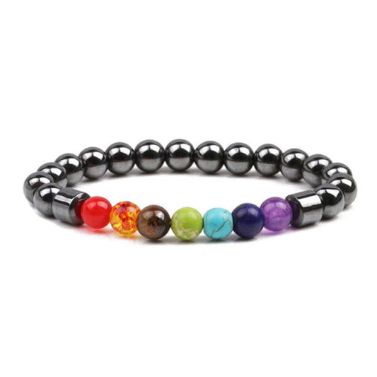 Bracelet 7 chakras ancrage hématite sur fond blanc avec cadre orange Kaoisx