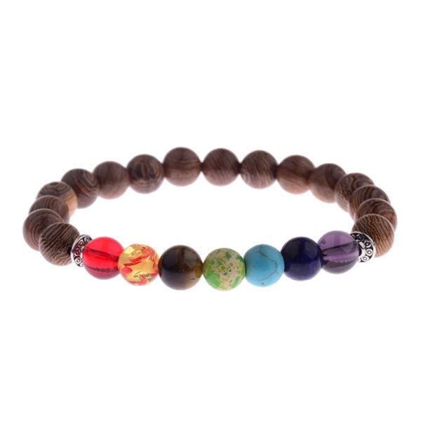 Bracelet 7 chakras méditation perles de bois sur fond blanc avec cadre orange Kaosix