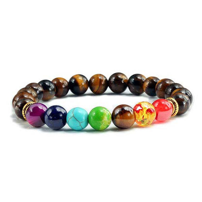 Bracelet 7 chakras pouvoir œil de tigre sur fond blanc et cadre orange Kaosix