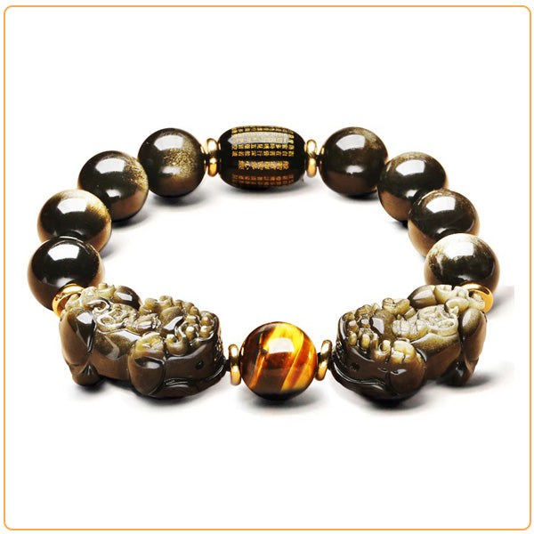Bracelet Double Pi Xiu (Pi Yao) Obsidienne Dorée Œil de Tigre sur fond blanc avec cadre orange Kaosix