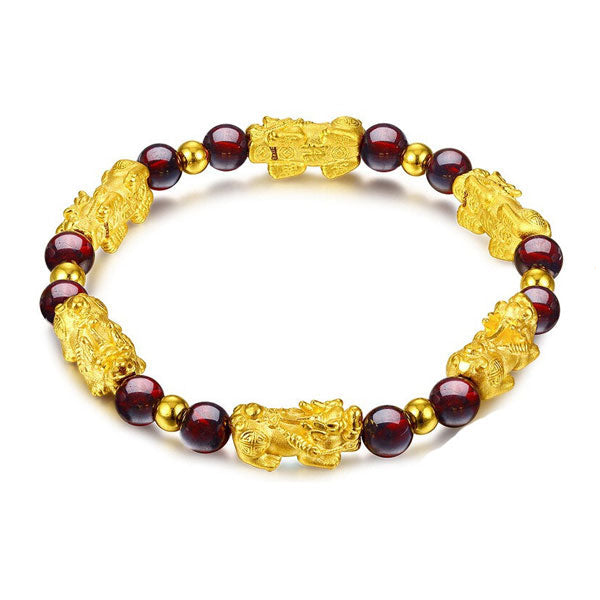 Bracelet Pi Xiu Grenat Rouge sur fond blanc avec cadre orange Kaosix