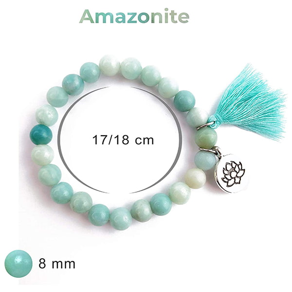 Bracelet amazonite verte symbole lotus sur fond blanc avec dimensions Kaosix