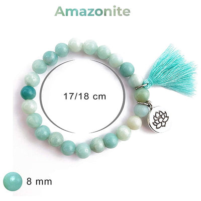 Bracelet amazonite verte symbole lotus sur fond blanc avec dimensions Kaosix