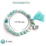 Bracelet amazonite verte symbole lotus sur fond blanc avec dimensions Kaosix