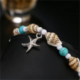 Bracelet de cheville en coquillages avec gros plan sur l'amulette étoile de mer Kaosix