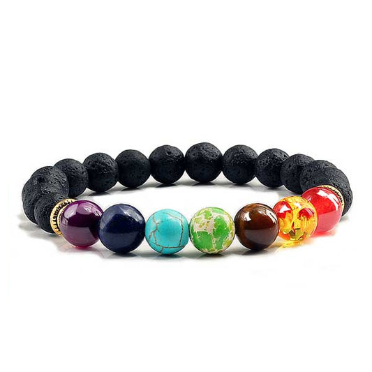 Bracelet de guérison des 7 chakras en pierres de lave sur fond blanc avec cadre orange Kaosix