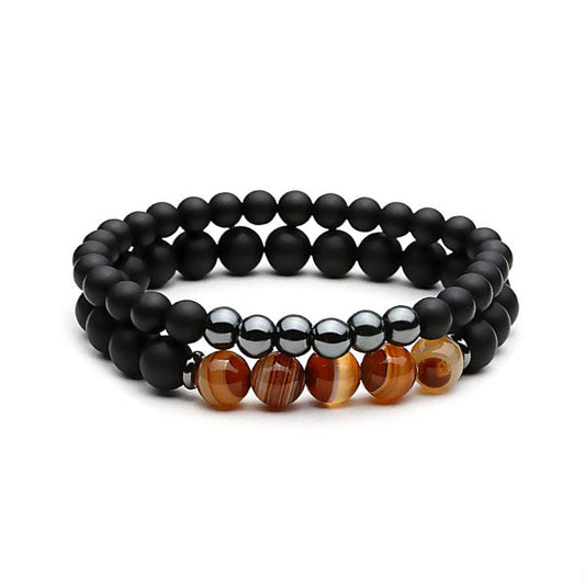 Bracelet double hematite agate onyx sur fond blanc avec cadre orange kaosix