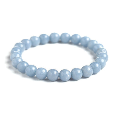 Bracelet en angélite apaisement boule 8 mm sur fond blanc avec cadre orange Kaosix